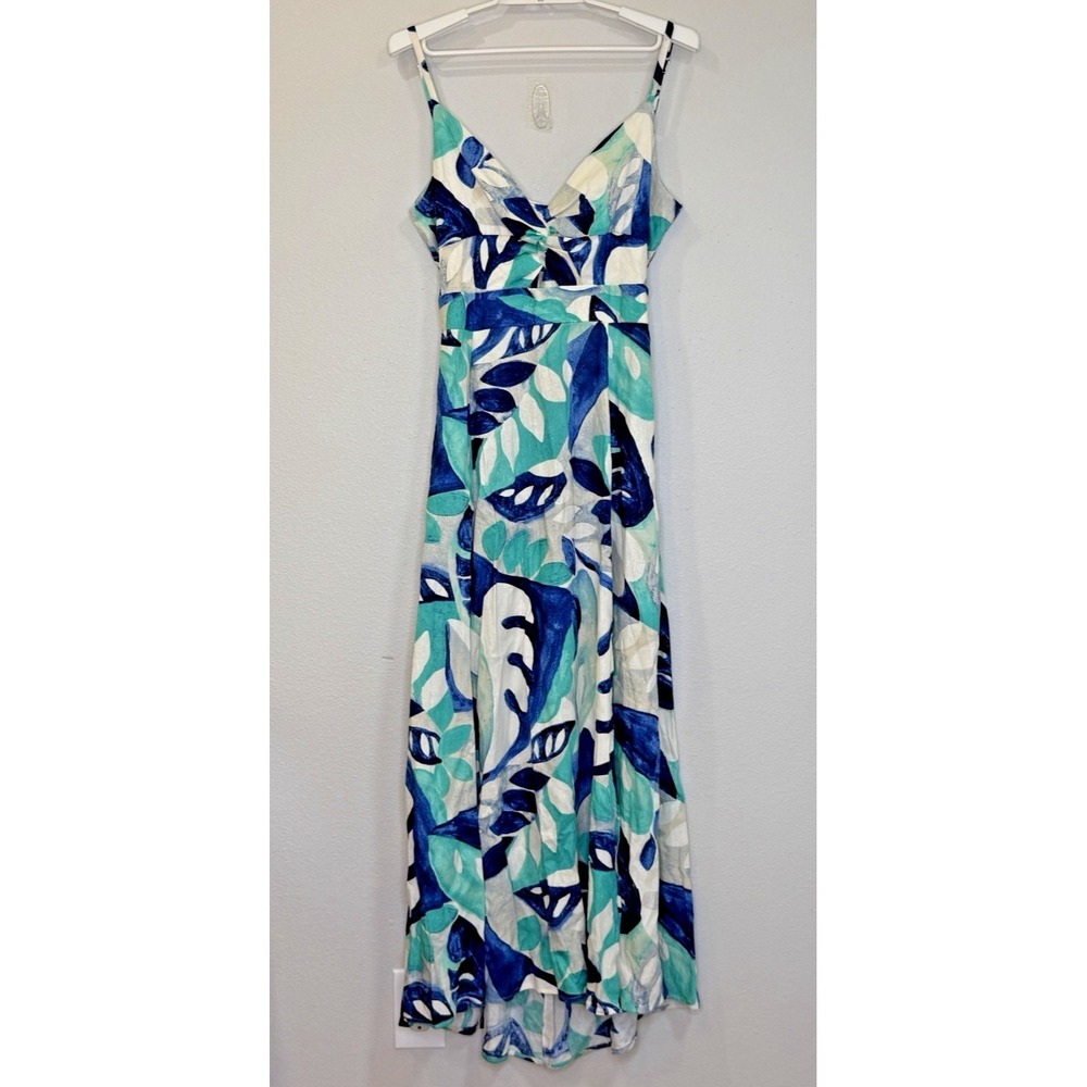 1 State Maxi Dress Womens Size Large Blue Floral Linen Blend Open Back High Slit - Picture 2 of 14